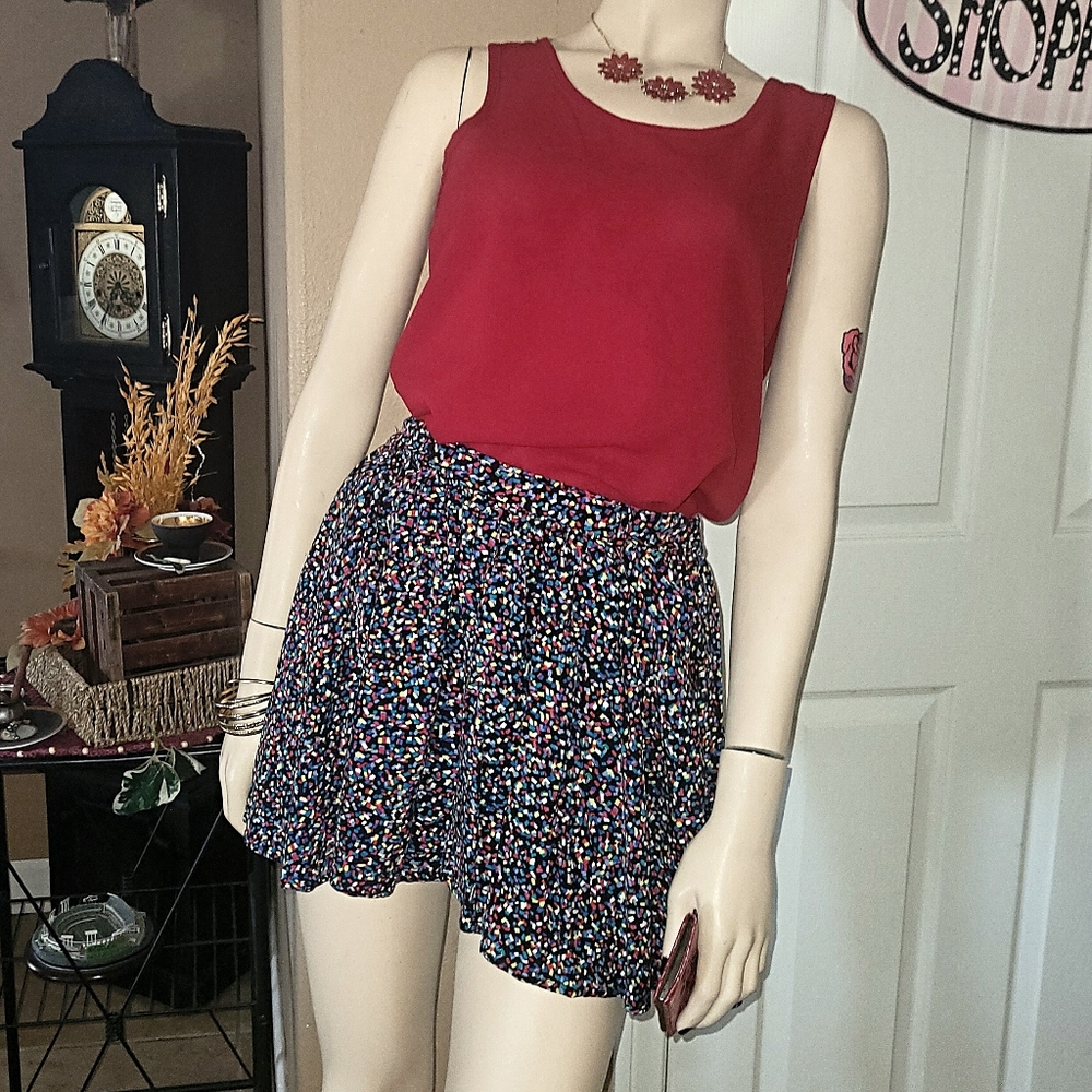 Multi-colored Skirt & Red Sleeveless Blouse